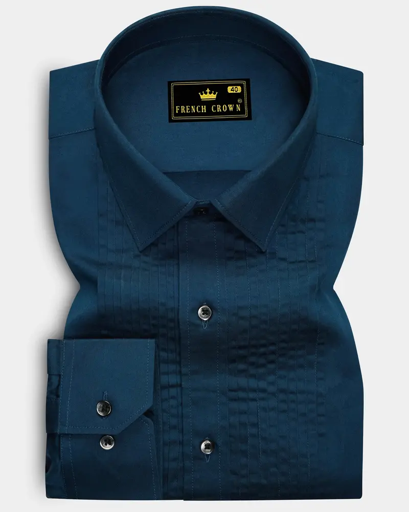 Nile Blue Subtle Sheen Snake Pleated Super Soft Premium Cotton Tuxedo Shirt 6