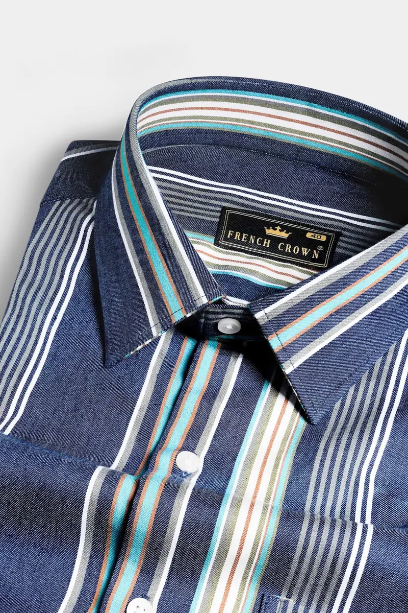 Nile Blue With White And Dusty Brown Striped Indigo Denim Shirt 1