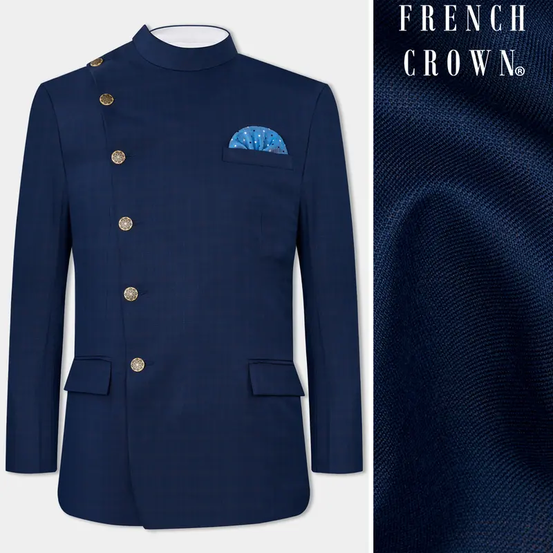Nile Blue Wool Rich Cross Placket Bandhgala Blazer 1