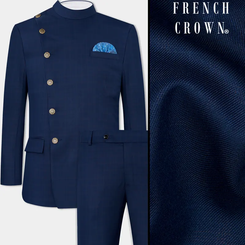 Nile Blue Wool Rich Cross Placket Bandhgala Suit 1