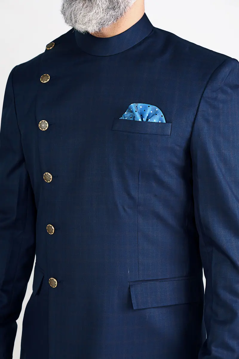 Nile Blue Wool Rich Cross Placket Bandhgala Suit 11
