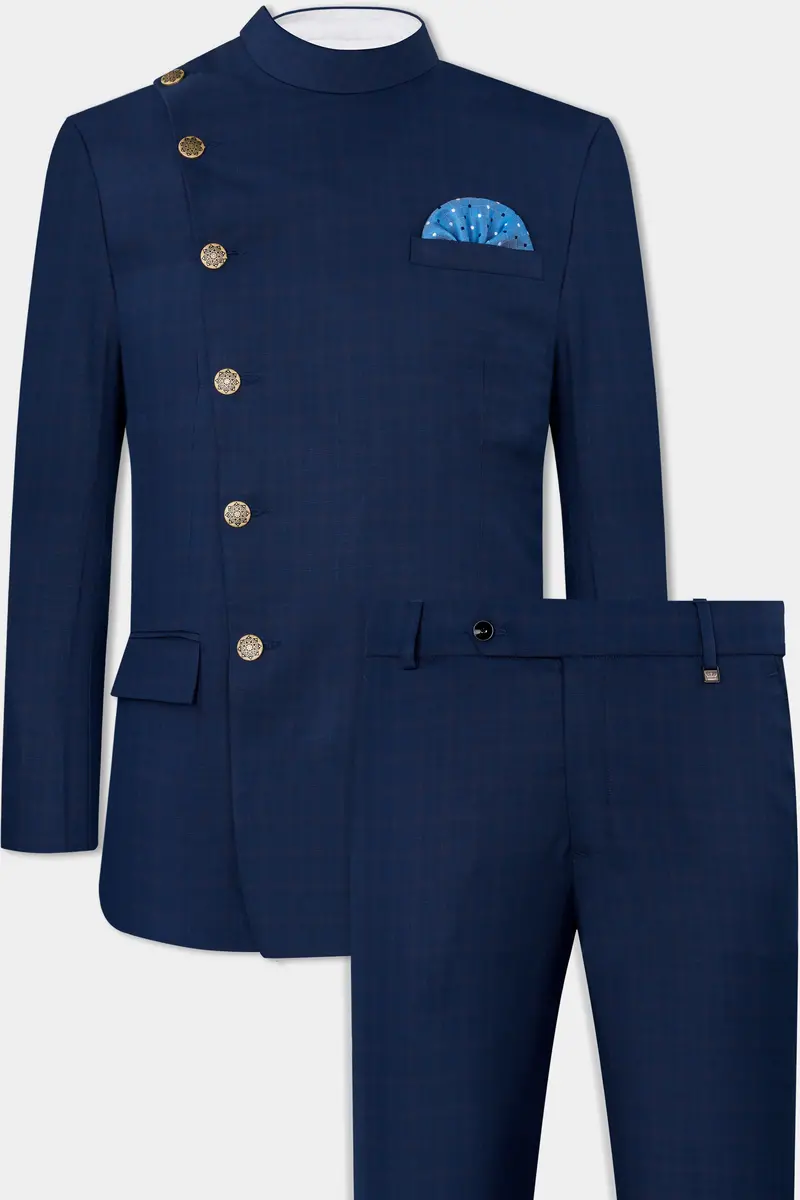 Nile Blue Wool Rich Cross Placket Bandhgala Suit 2