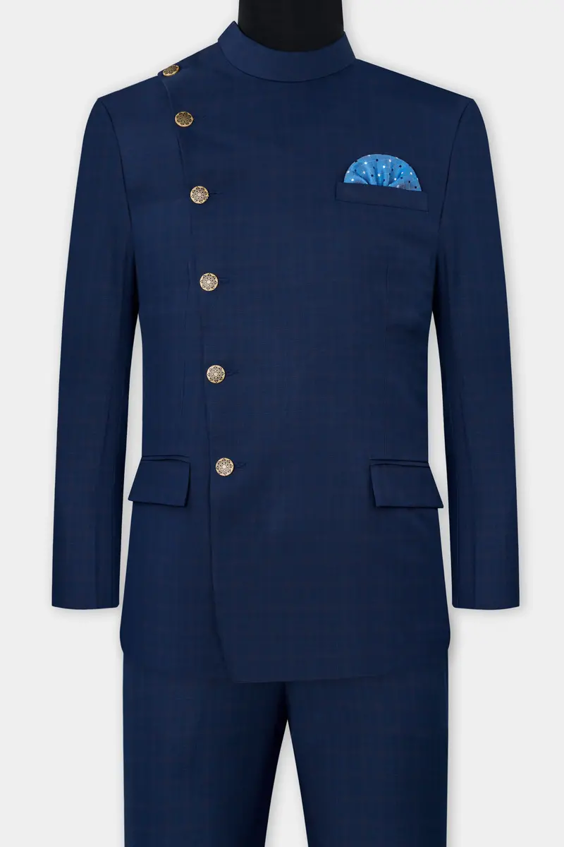 Nile Blue Wool Rich Cross Placket Bandhgala Suit 4