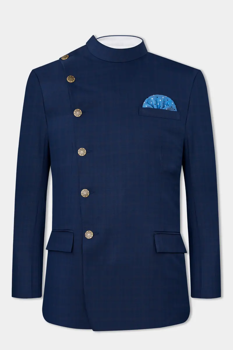 Nile Blue Wool Rich Cross Placket Bandhgala Suit 5