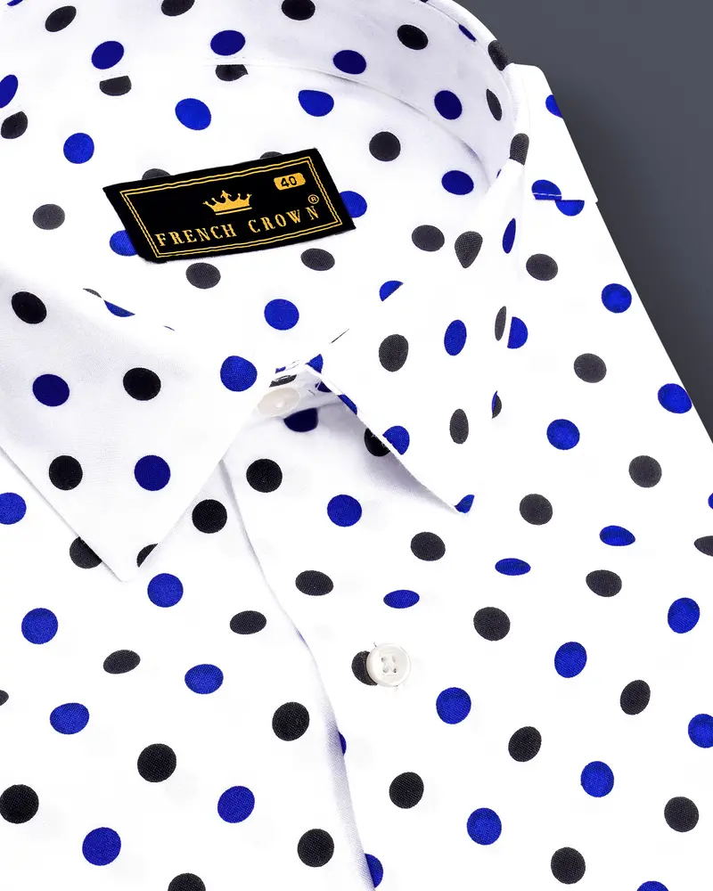 Nivoro-Bright White And Zaffre Blue Polka Dots Printed Oxford Premium Cotton Semi Formal Shirt 1