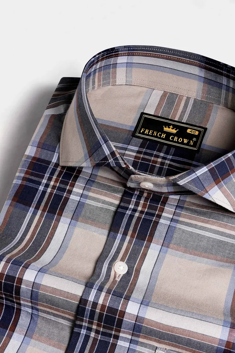 Nobel Brown And Cinder Blue Twill Plaid Premium Cotton Shirt 1