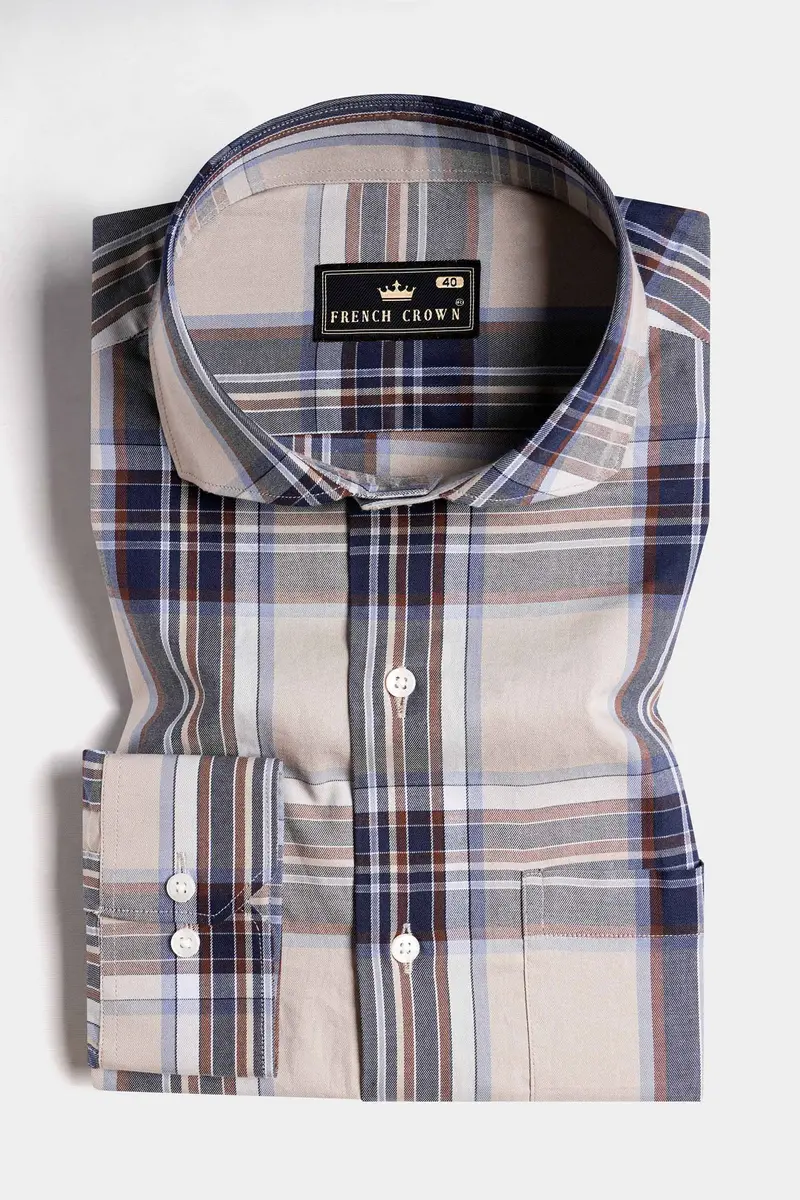 Nobel Brown And Cinder Blue Twill Plaid Premium Cotton Shirt 3