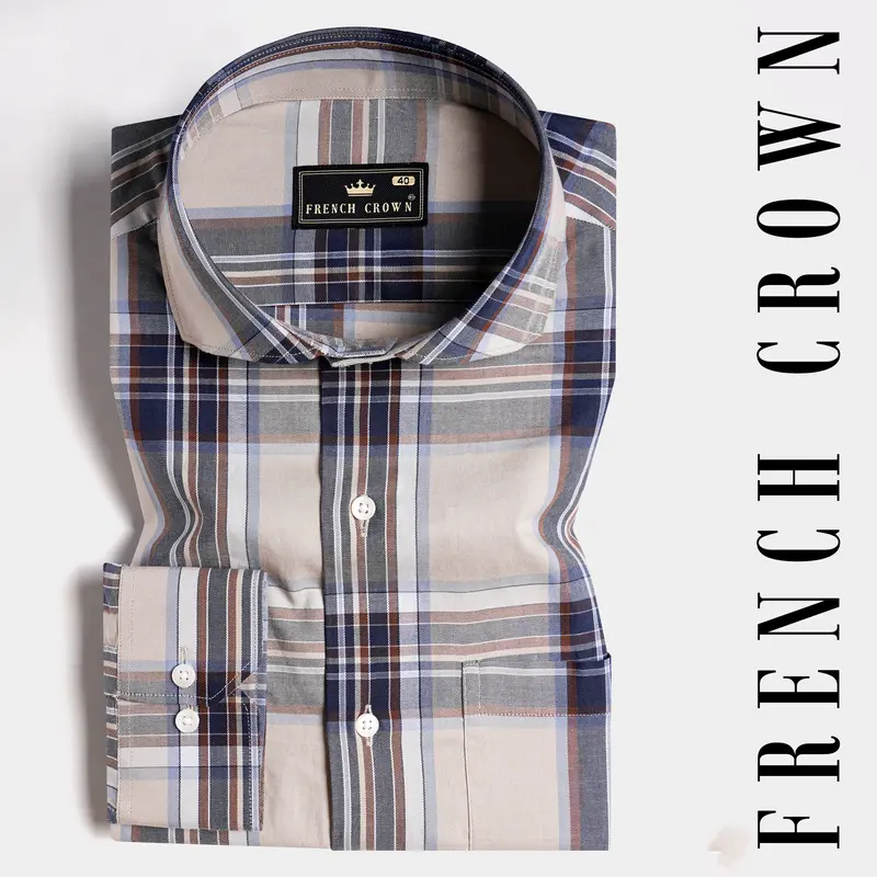 Nobel Brown And Cinder Blue Twill Plaid Premium Cotton Shirt 4