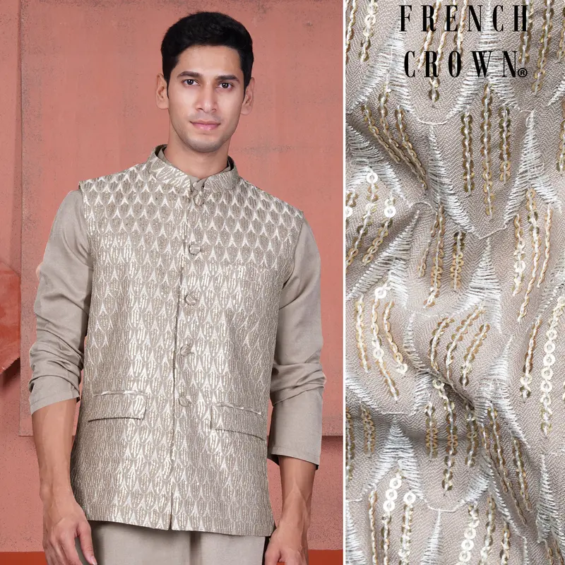 Nobel Brown Embroidered With Tikki Work Viscose Designer Nehru Jacket 1
