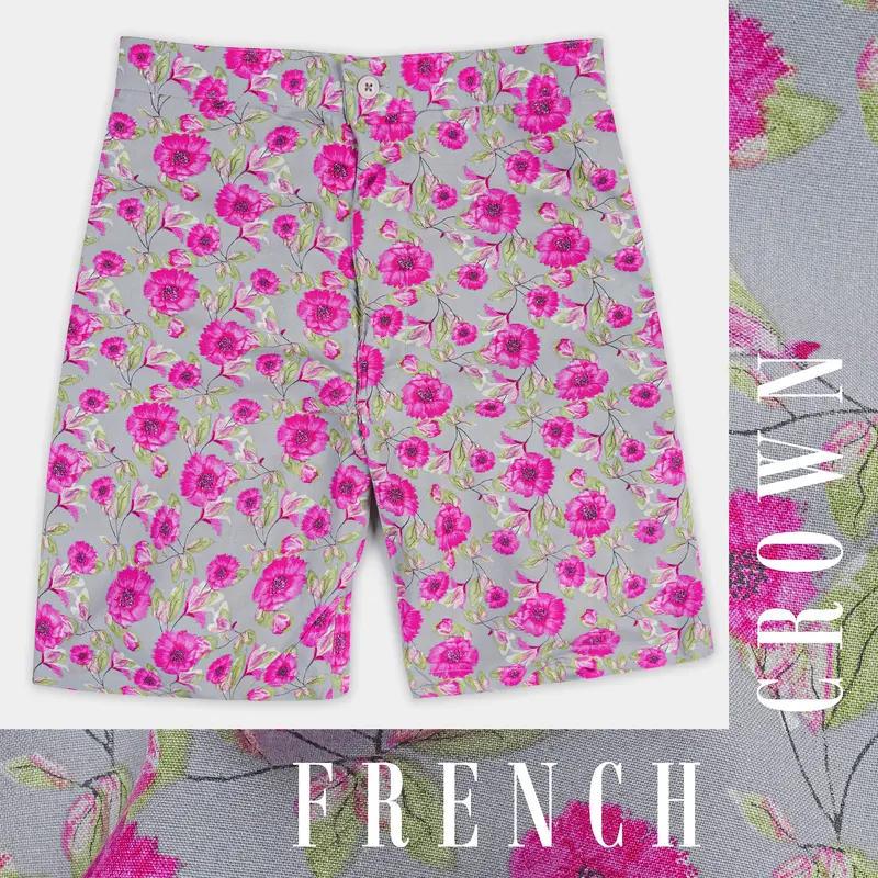Noble Gray With Hopbush Pink Multicolor Floral Printed Premium Tencel Shorts 1