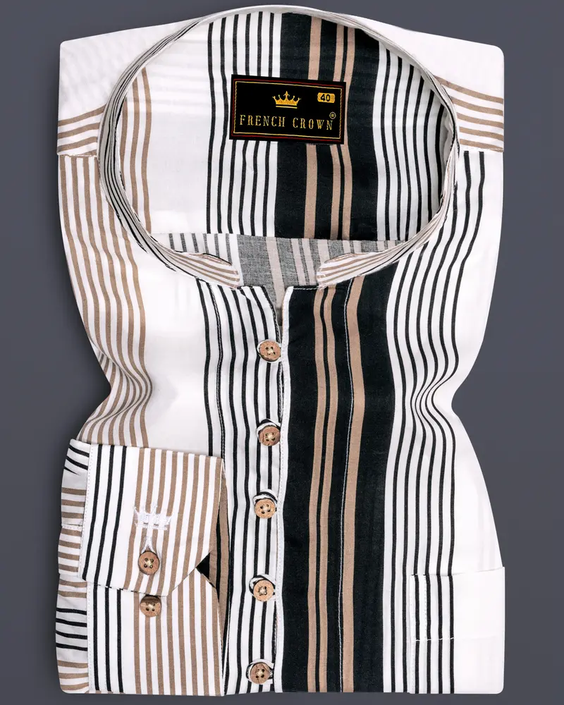 Noctalm-Almond Brown And Jade Black Striped Super Soft Tencel Casual Kurta Shirt 1