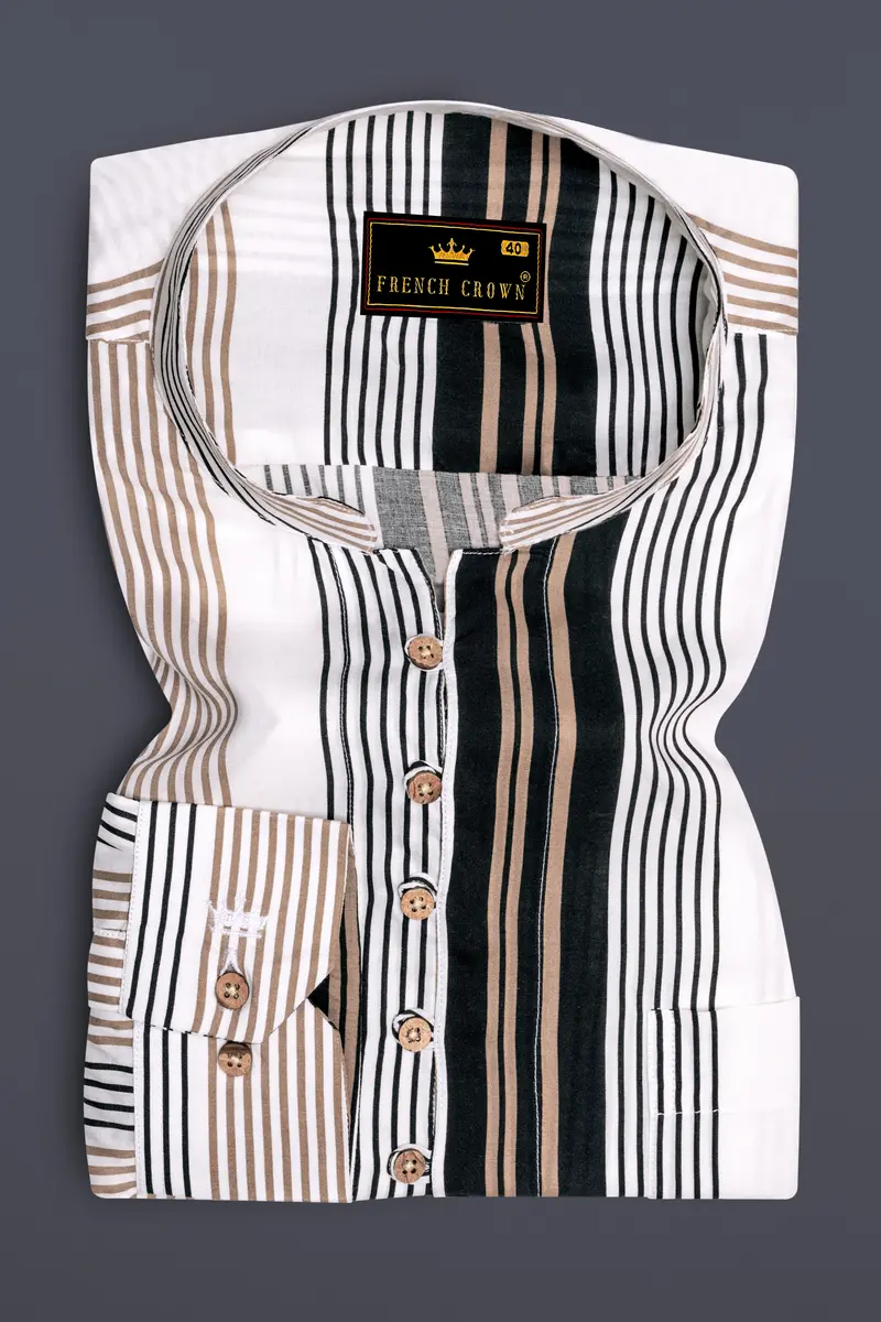 Noctalm-Almond Brown And Jade Black Striped Super Soft Tencel Casual Kurta Shirt 2