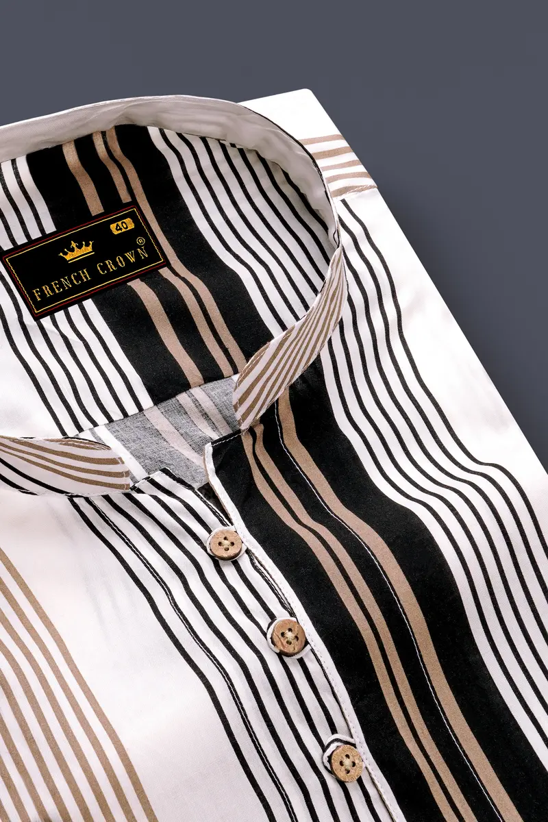 Noctalm-Almond Brown And Jade Black Striped Super Soft Tencel Casual Kurta Shirt 4