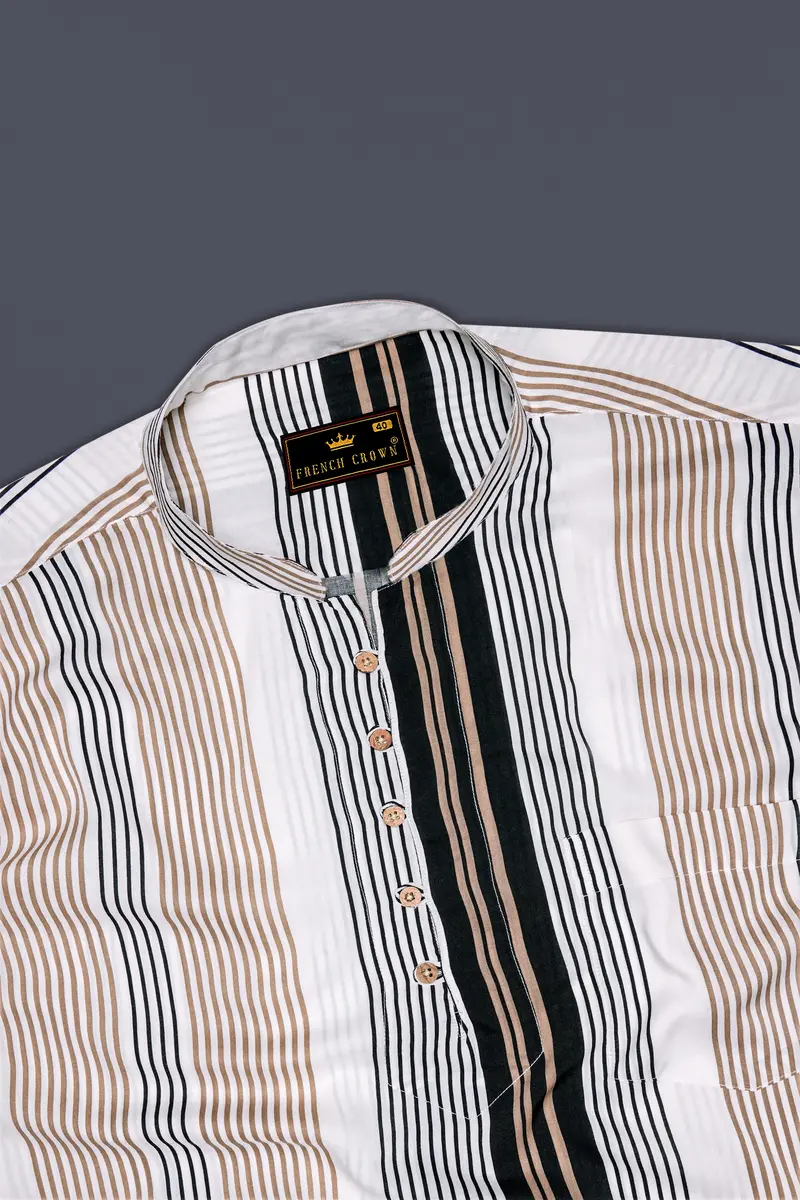 Noctalm-Almond Brown And Jade Black Striped Super Soft Tencel Casual Kurta Shirt 5