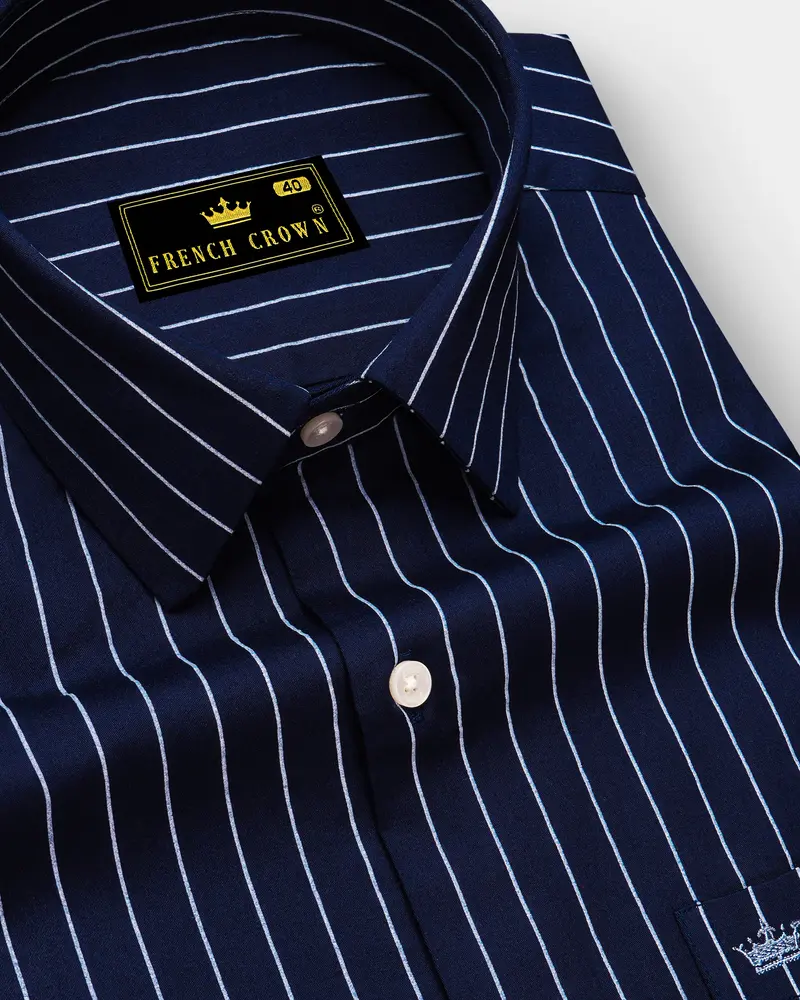 Noctaro-Ebony Blue And Bright White Pin Striped Subtle Sheen Super Soft Premium Cotton Dress Shirt 1
