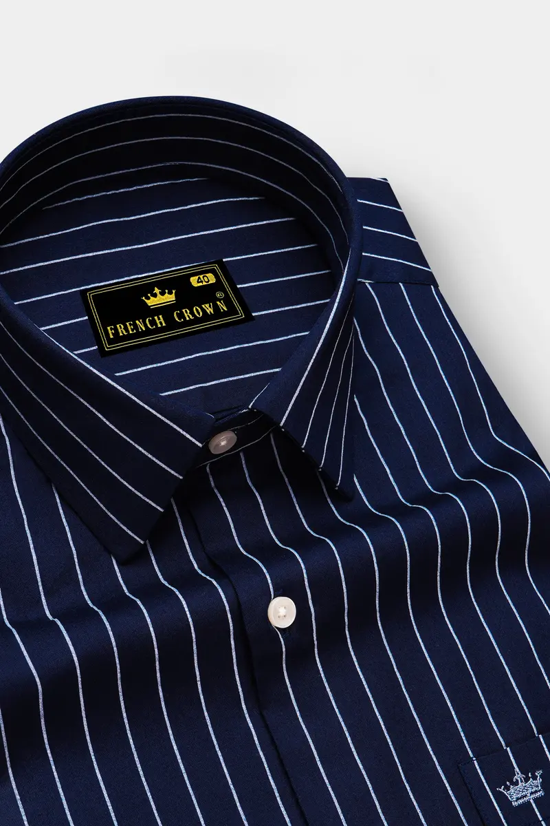 Noctaro-Ebony Blue And Bright White Pin Striped Subtle Sheen Super Soft Premium Cotton Dress Shirt 2