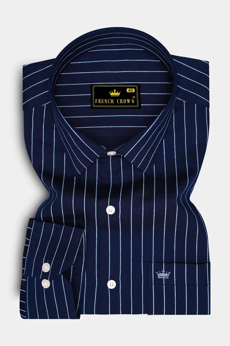 Noctaro-Ebony Blue And Bright White Pin Striped Subtle Sheen Super Soft Premium Cotton Dress Shirt 4