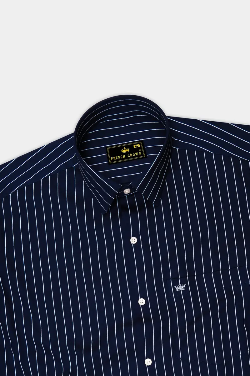 Noctaro-Ebony Blue And Bright White Pin Striped Subtle Sheen Super Soft Premium Cotton Dress Shirt 5