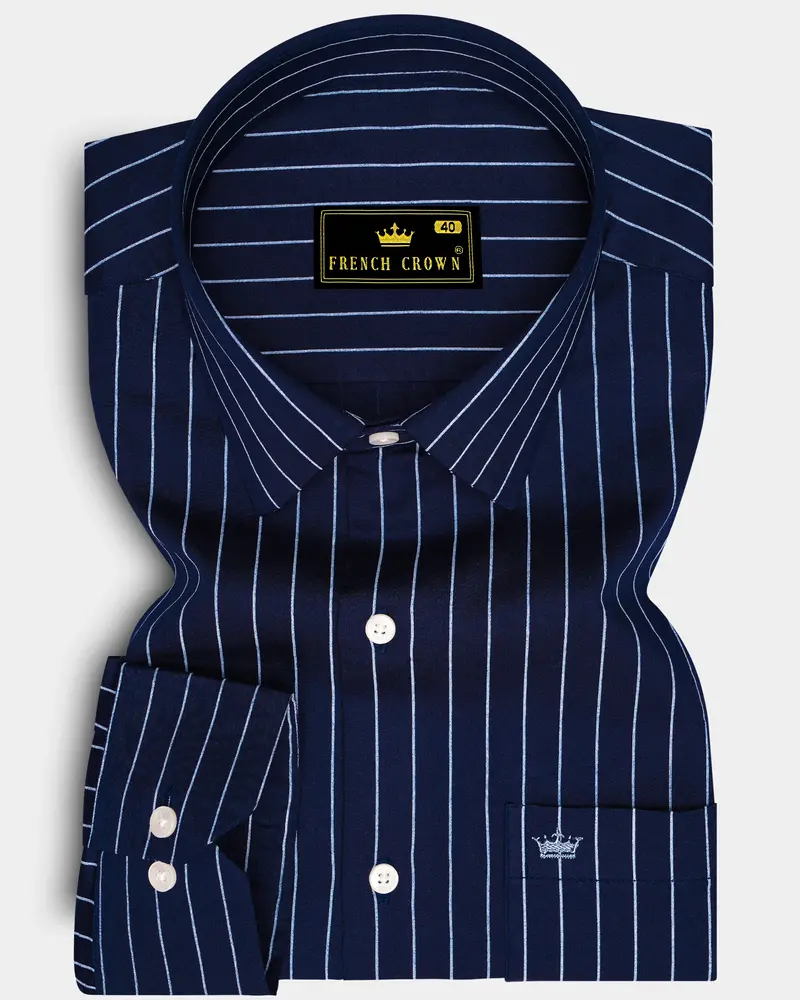 Noctaro-Ebony Blue And Bright White Pin Striped Subtle Sheen Super Soft Premium Cotton Dress Shirt 6