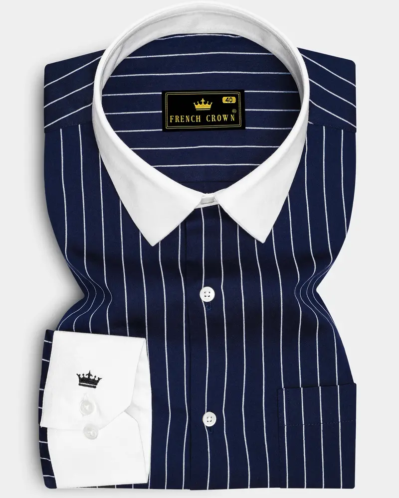 Noctaro-Ebony Blue And Bright White Pin Striped Super Soft Premium Cotton Dress White Cuff Collar Shirt 1