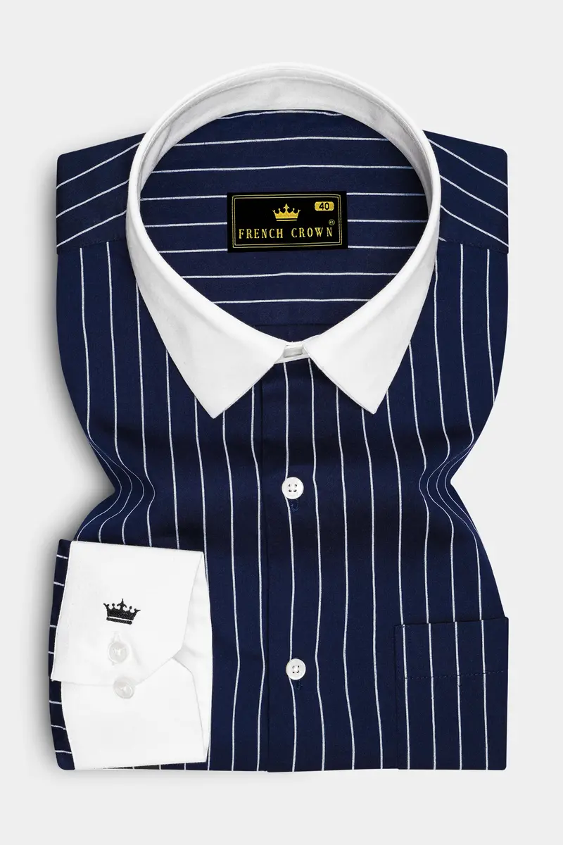 Noctaro-Ebony Blue And Bright White Pin Striped Super Soft Premium Cotton Dress White Cuff Collar Shirt 2