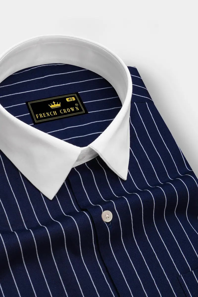 Noctaro-Ebony Blue And Bright White Pin Striped Super Soft Premium Cotton Dress White Cuff Collar Shirt 4