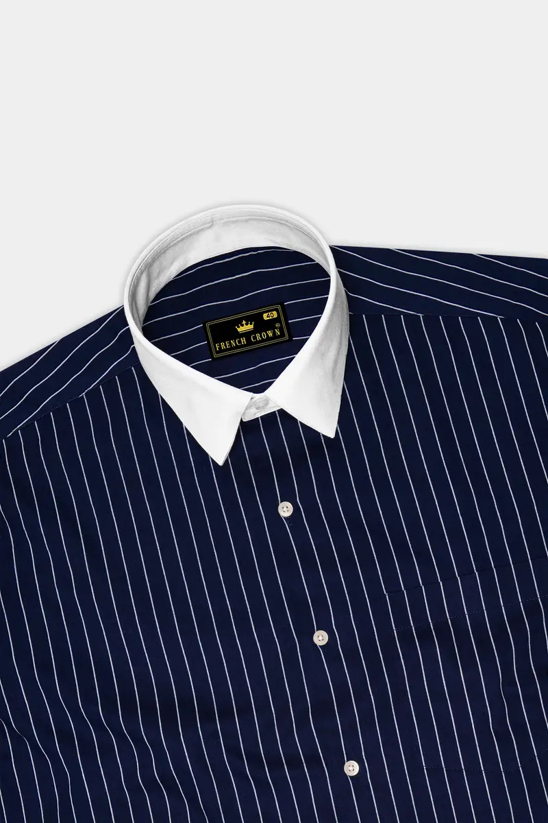 Noctaro-Ebony Blue And Bright White Pin Striped Super Soft Premium Cotton Dress White Cuff Collar Shirt 5