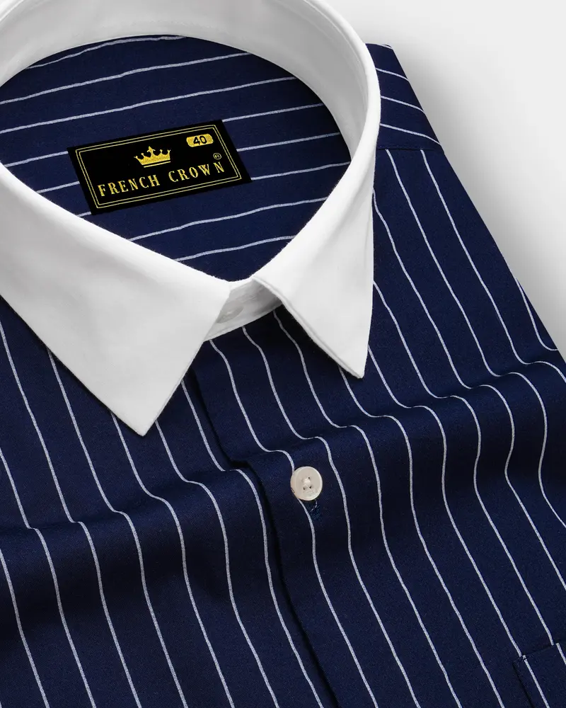 Noctaro-Ebony Blue And Bright White Pin Striped Super Soft Premium Cotton Dress White Cuff Collar Shirt 6