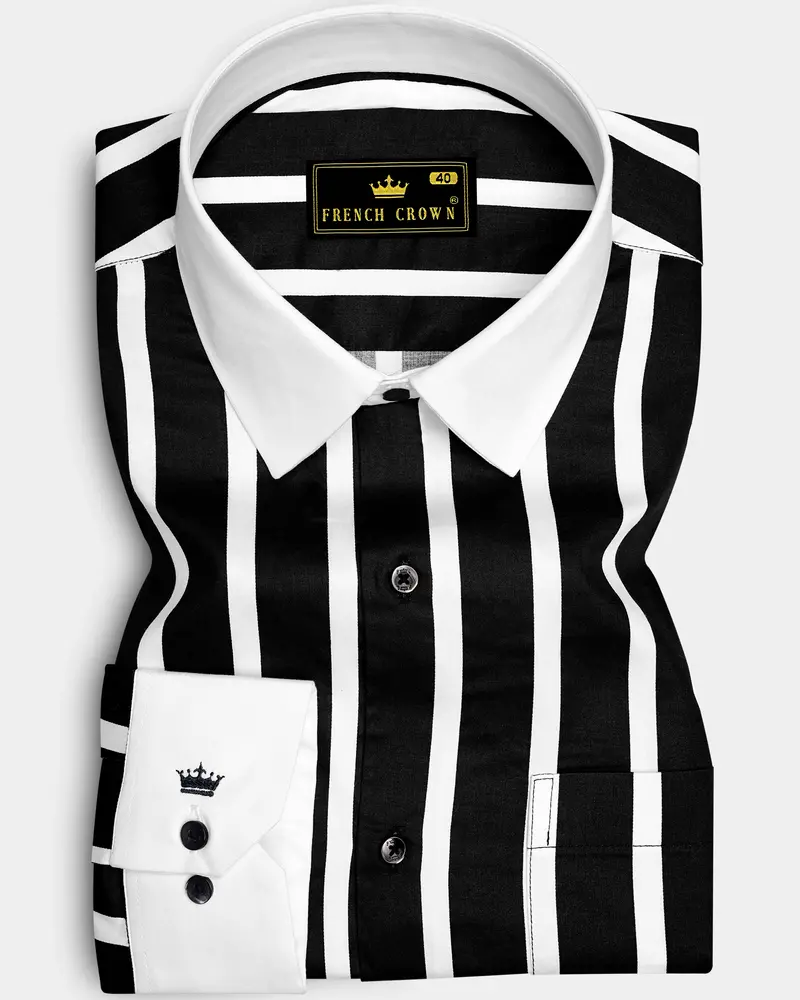 Noctaro-Jade Black And Bright White Awning Striped Super Soft Premium Cotton Dress White Cuff Collar Shirt 1