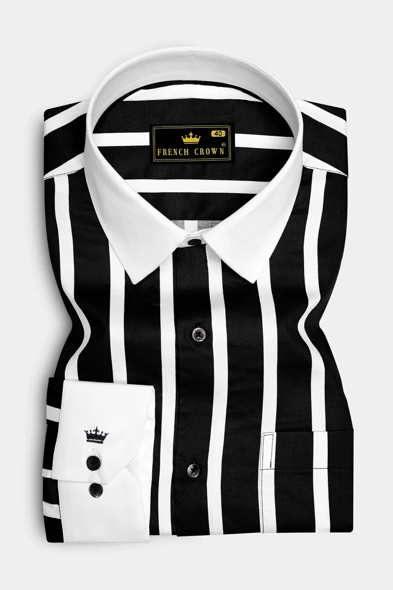 Noctaro-Jade Black And Bright White Awning Striped Super Soft Premium Cotton Dress White Cuff Collar Shirt 2