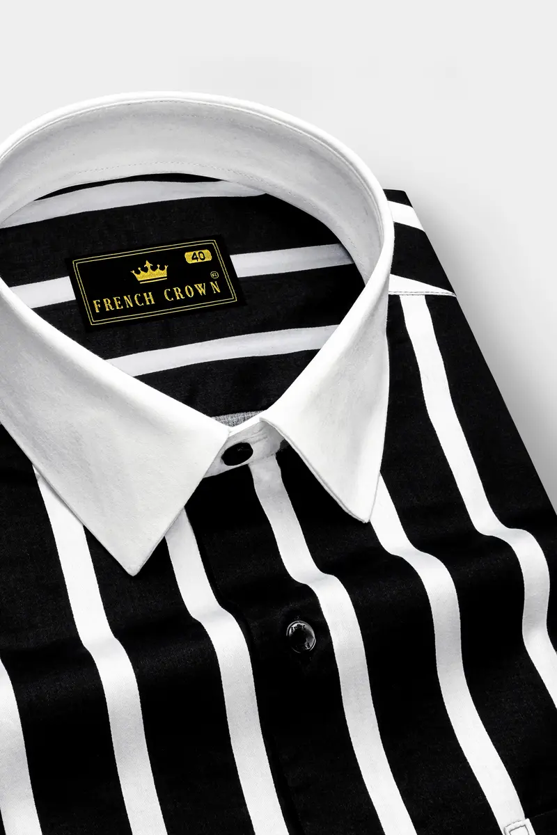 Noctaro-Jade Black And Bright White Awning Striped Super Soft Premium Cotton Dress White Cuff Collar Shirt 4