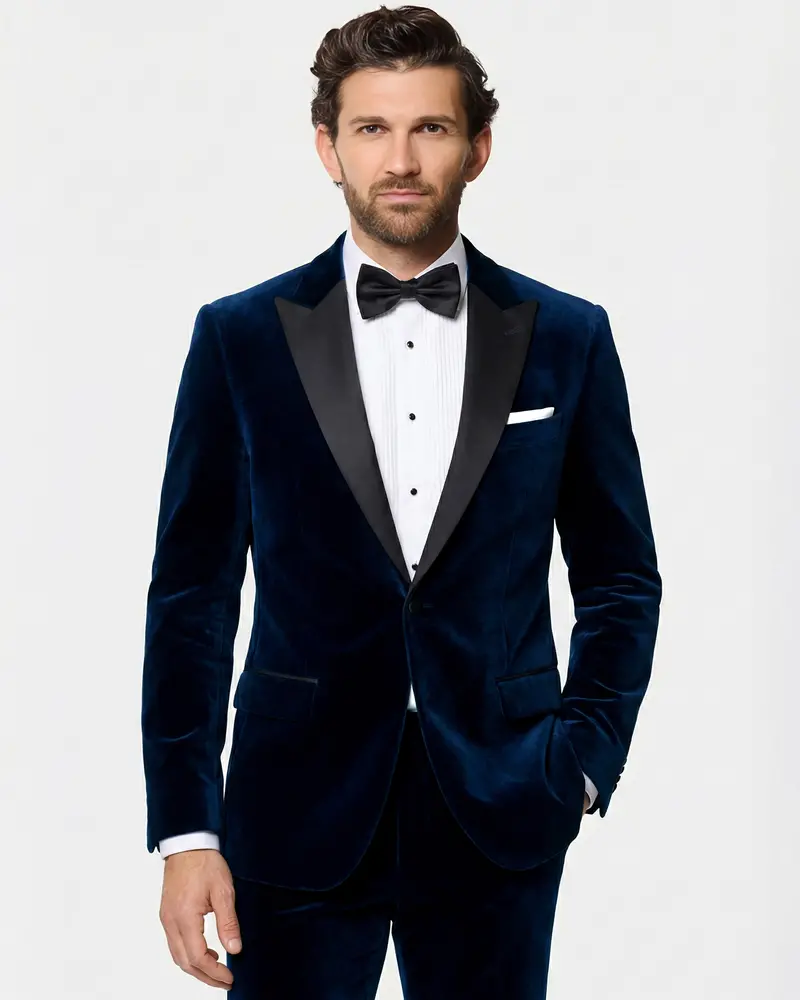 Noctivell-Cinder Blue Velvet Peak Lapel Tuxedo Suit 1