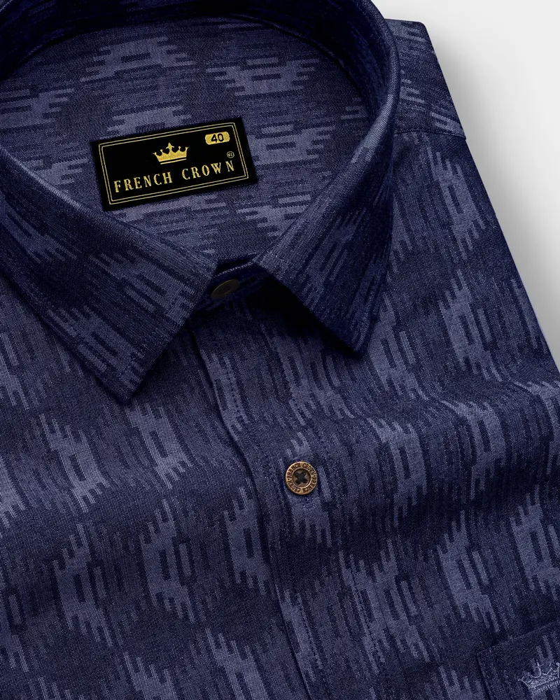 Noctivell-Nightfall Denim Blue Ikat Textured Super Soft Premium Cotton Casual Shirt 1