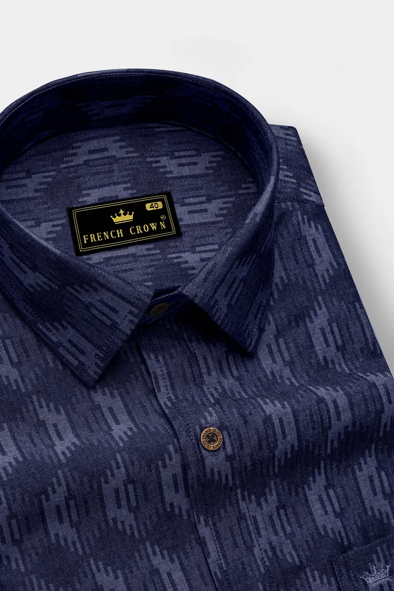 Noctivell-Nightfall Denim Blue Ikat Textured Super Soft Premium Cotton Casual Shirt 2