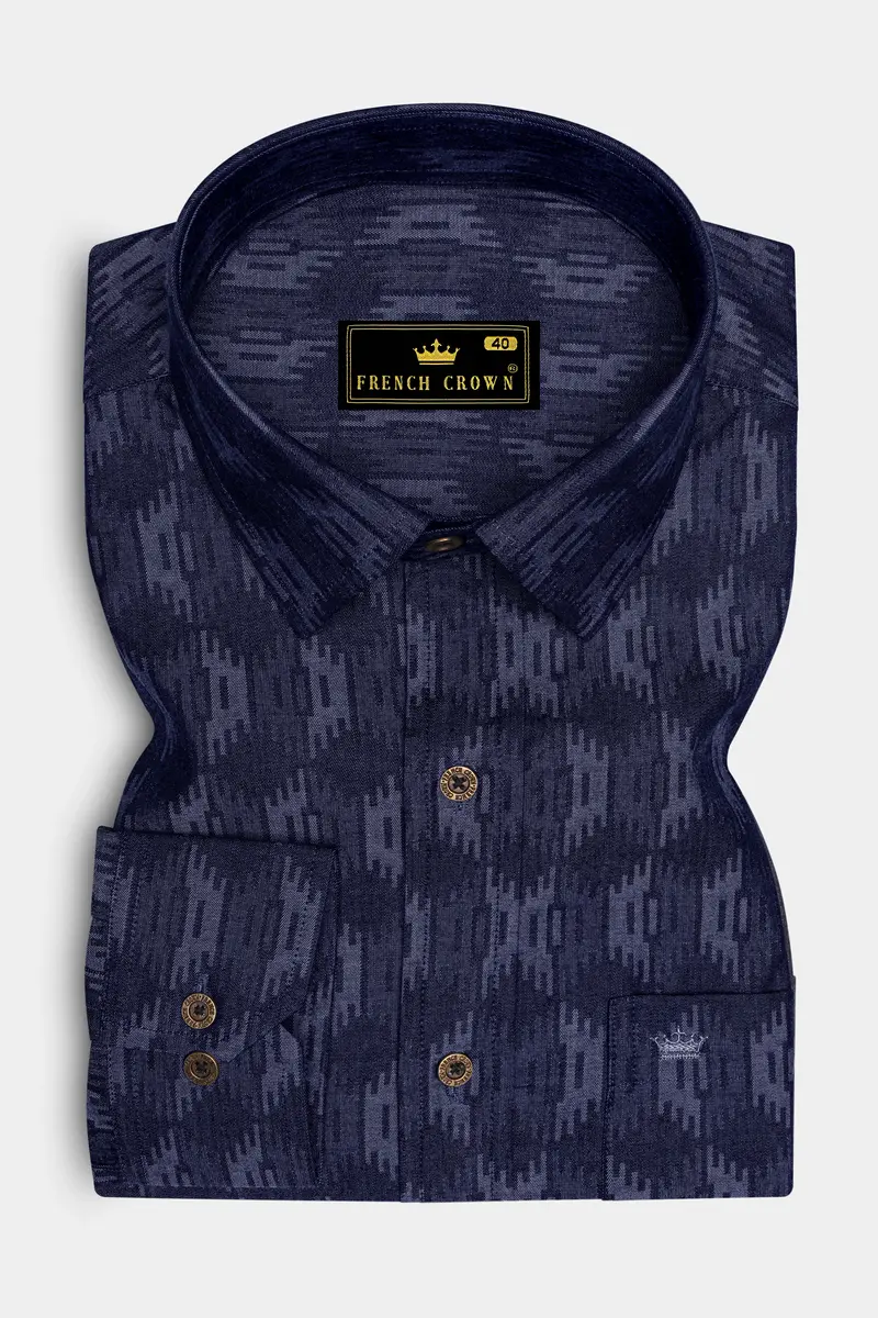 Noctivell-Nightfall Denim Blue Ikat Textured Super Soft Premium Cotton Casual Shirt 4
