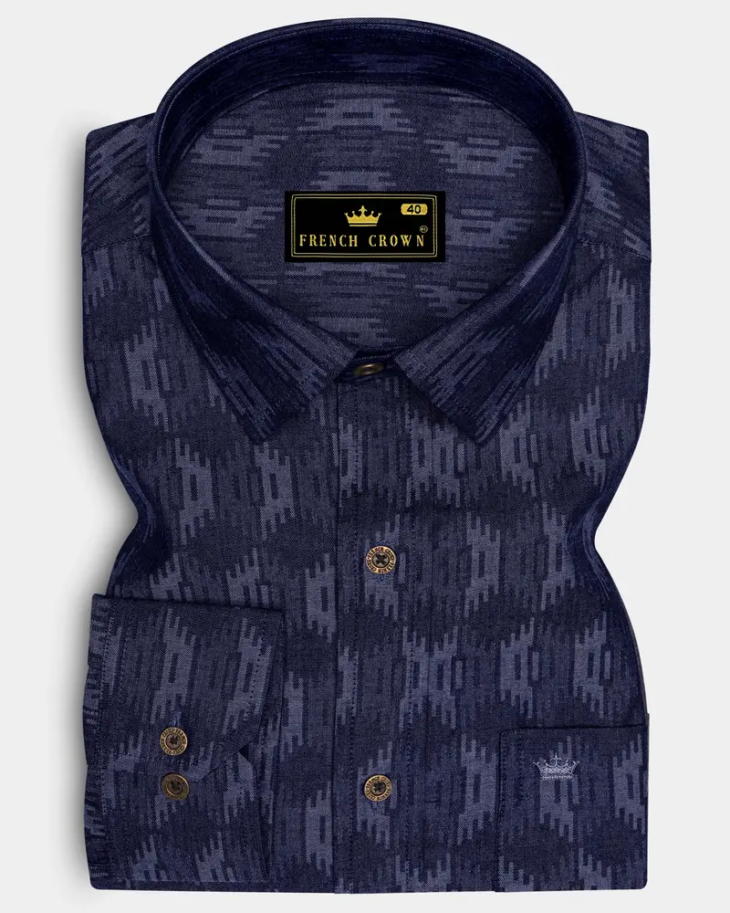 Noctivell-Nightfall Denim Blue Ikat Textured Super Soft Premium Cotton Casual Shirt 6