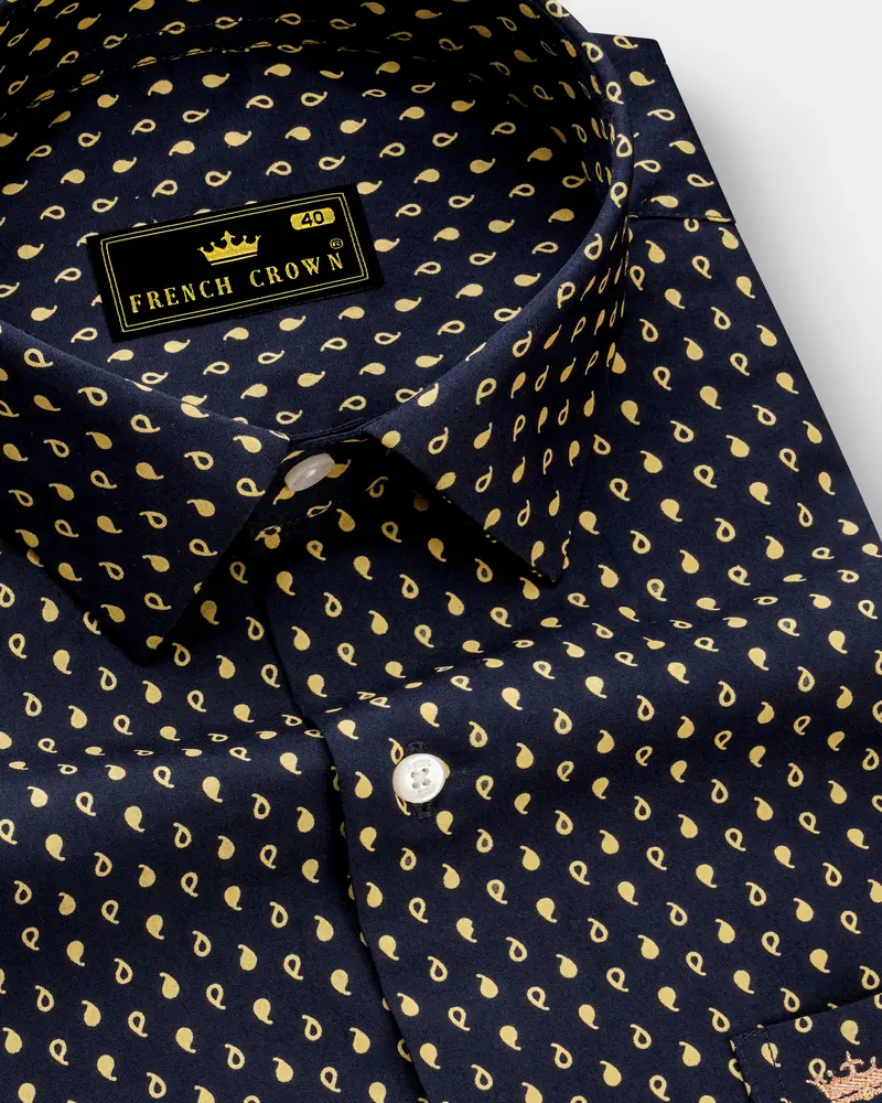 Noctivra-Vulcan Blue And Pavlova Yellow Midnight Paisley Printed Super Soft Premium Cotton Dress Shirt 1