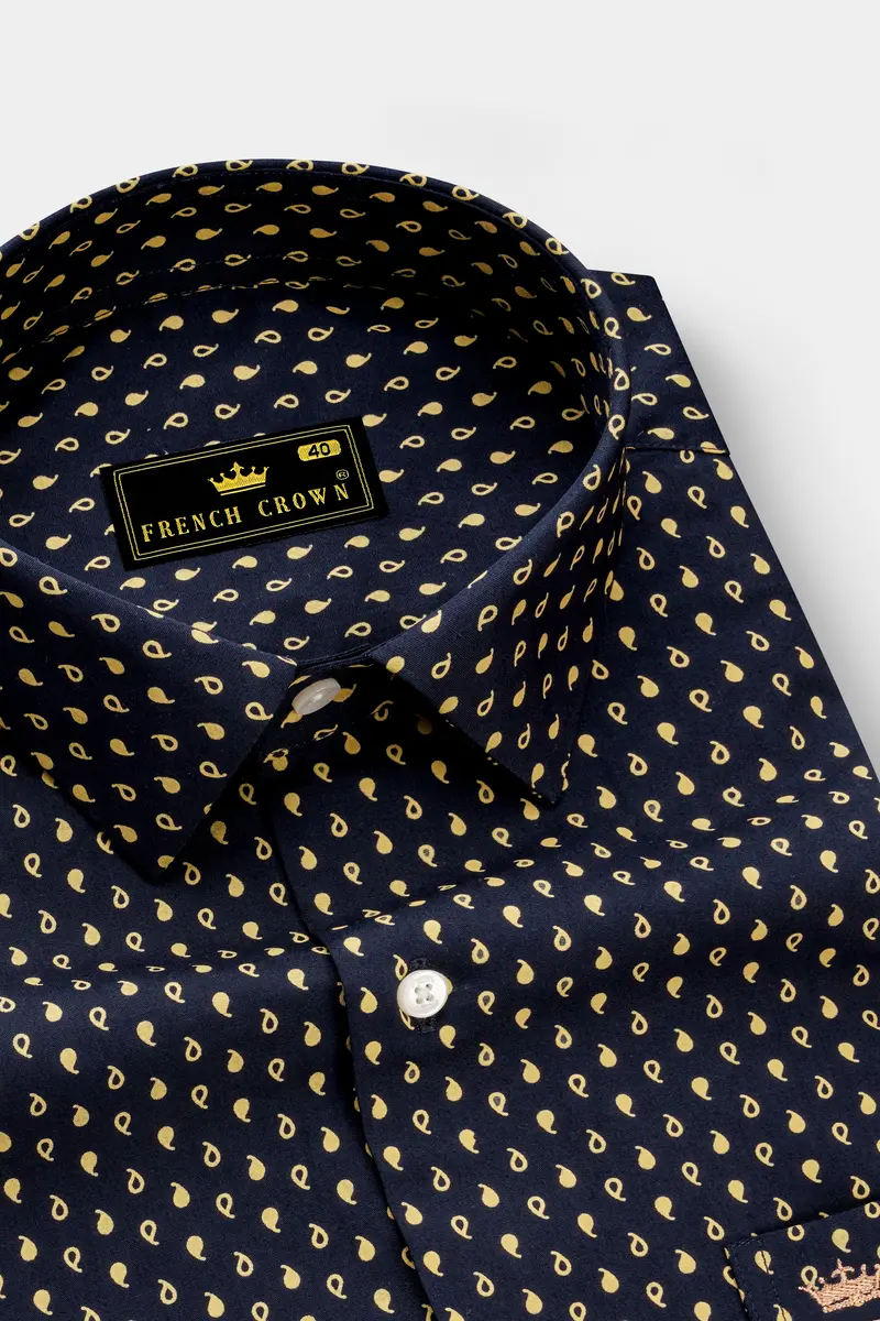 Noctivra-Vulcan Blue And Pavlova Yellow Midnight Paisley Printed Super Soft Premium Cotton Dress Shirt 2