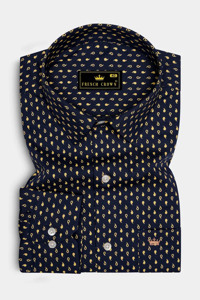 Noctivra-Vulcan Blue And Pavlova Yellow Midnight Paisley Printed Super Soft Premium Cotton Dress Shirt 4