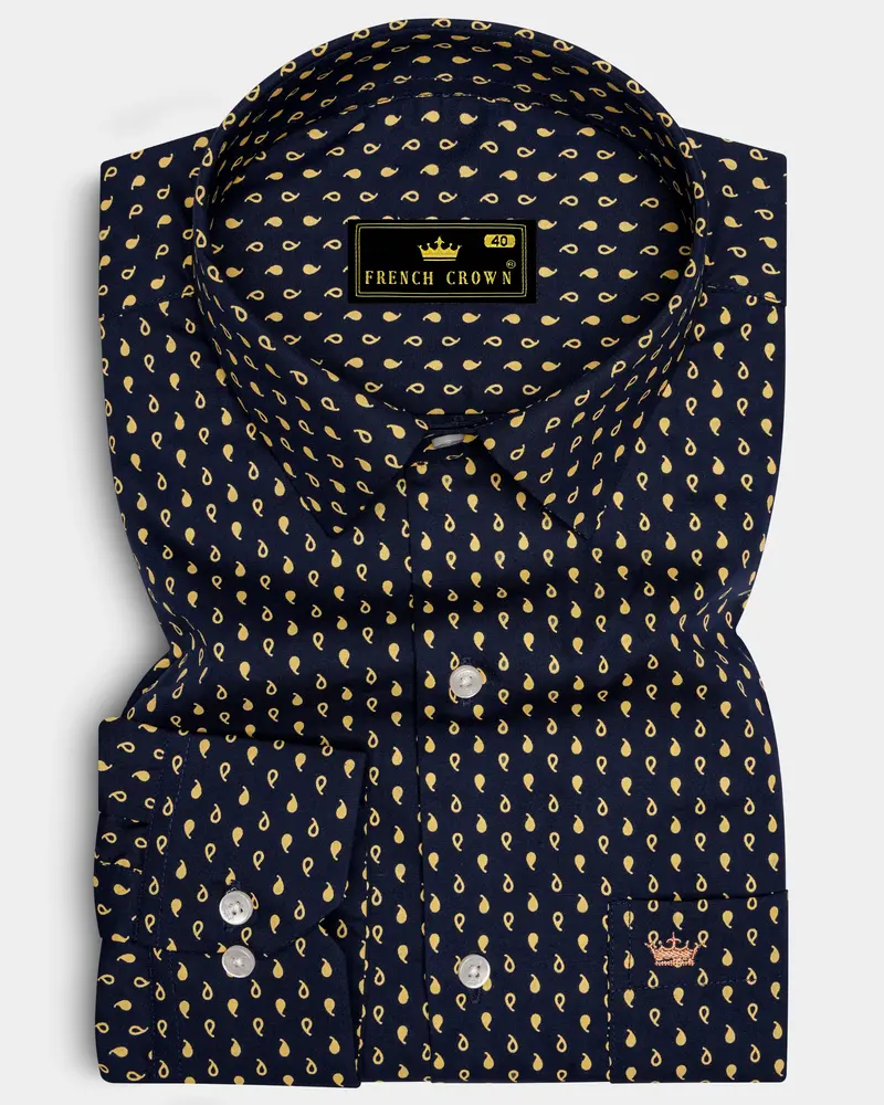 Noctivra-Vulcan Blue And Pavlova Yellow Midnight Paisley Printed Super Soft Premium Cotton Dress Shirt 6