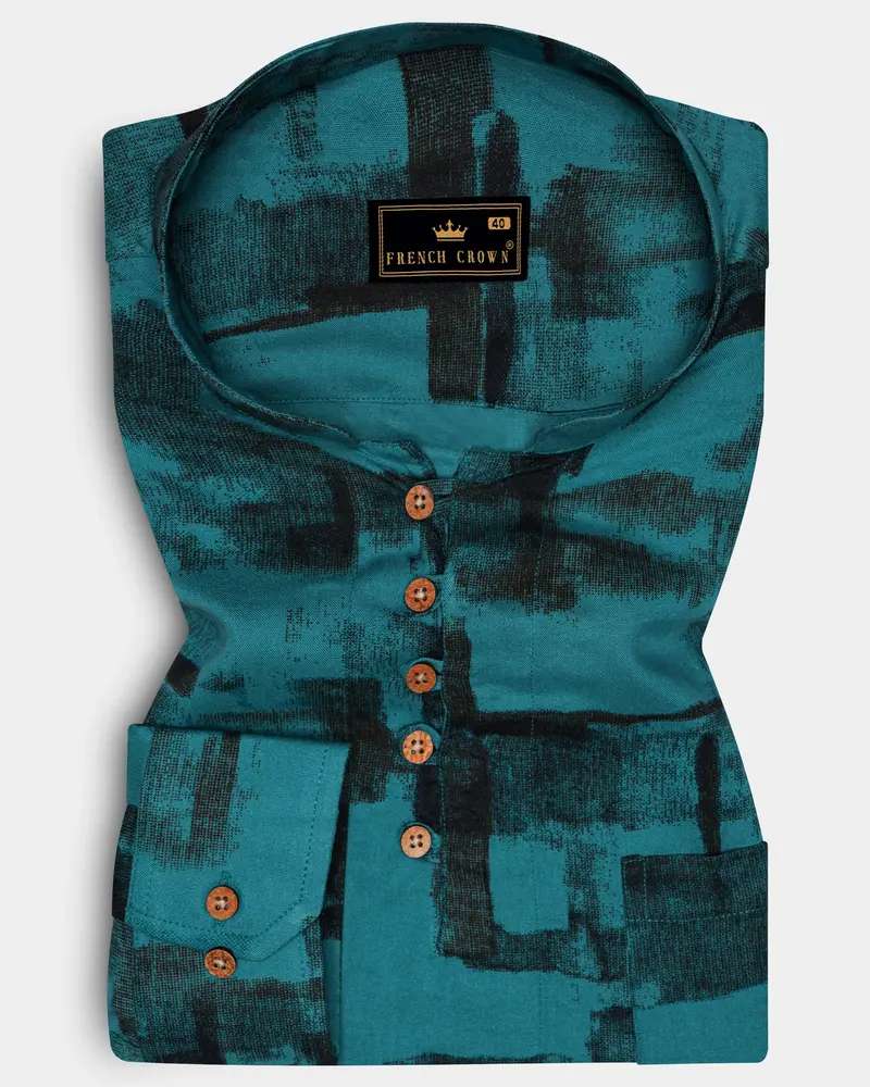 Noctric-Genoa Blue And Zeus Black Printed Super Soft Tencel Casual Kurta Shirt 1