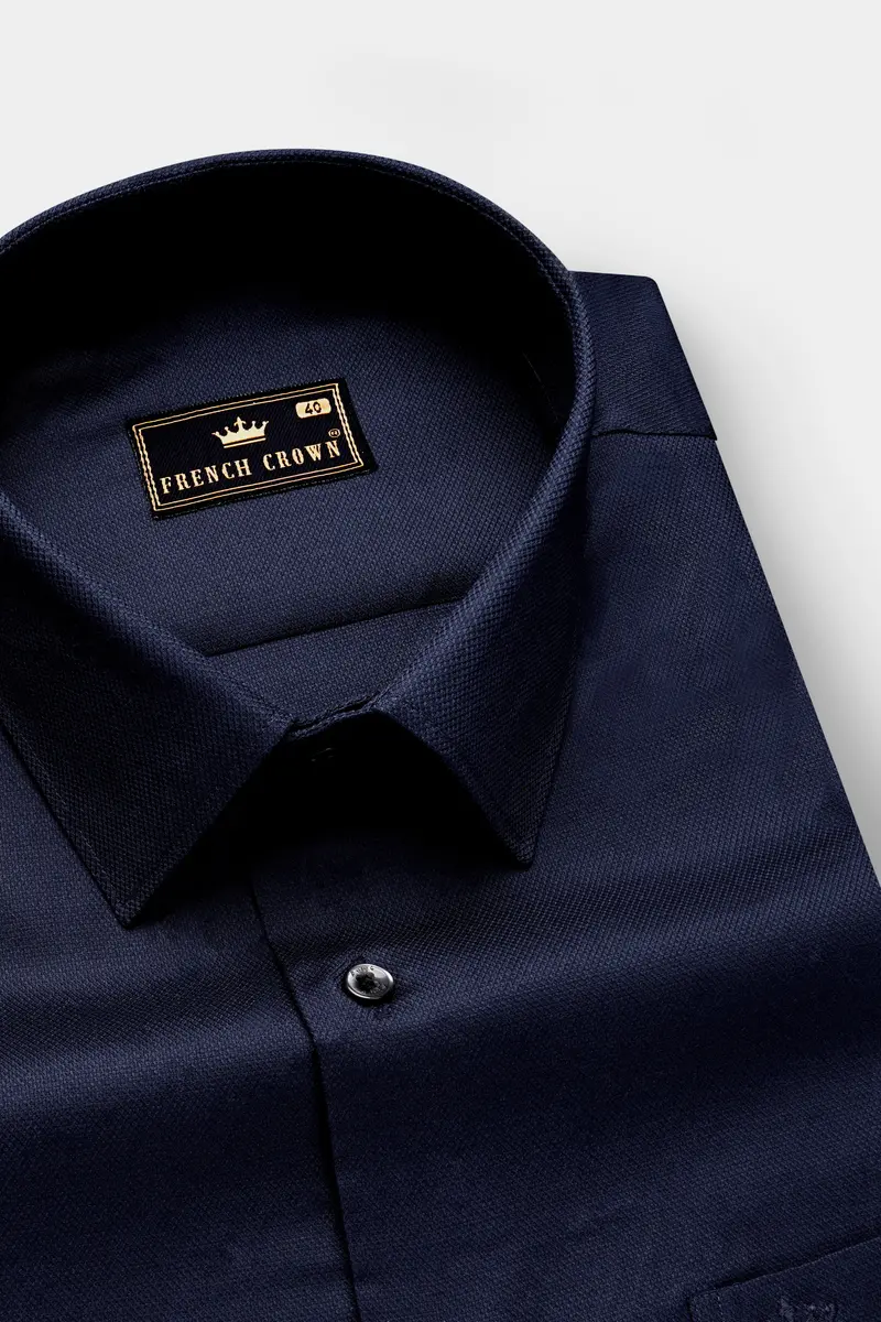 Nocturnal-Ebony Blue Solid Dobby Textured Premium Giza Cotton Dress Shirt 1