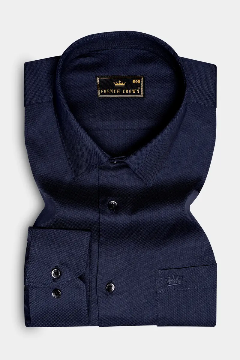 Nocturnal-Ebony Blue Solid Dobby Textured Premium Giza Cotton Dress Shirt 3