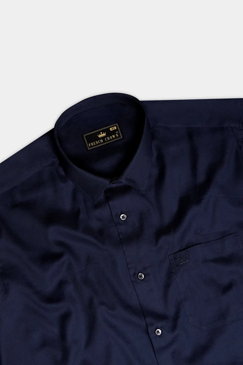Nocturnal-Ebony Blue Solid Dobby Textured Premium Giza Cotton Dress Shirt 4