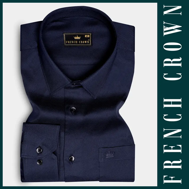 Nocturnal-Ebony Blue Solid Dobby Textured Premium Giza Cotton Dress Shirt 5