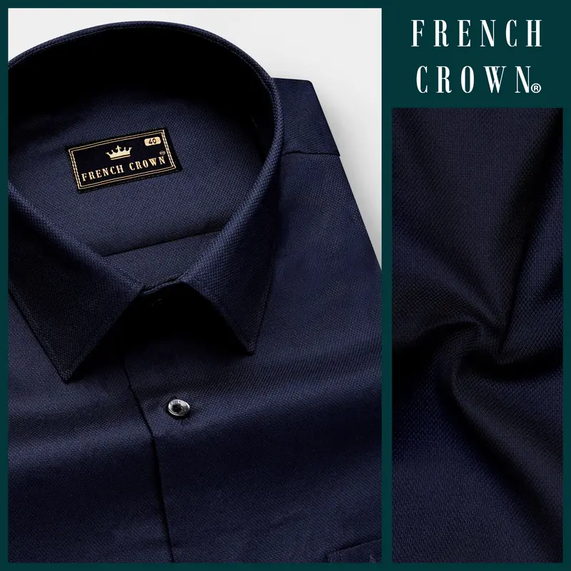 Nocturnal-Ebony Blue Solid Dobby Textured Premium Giza Cotton Dress Shirt 8