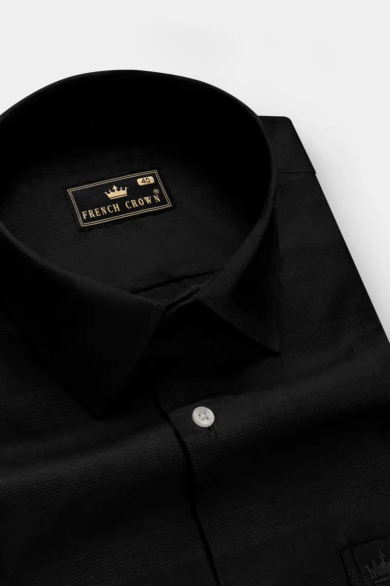 Noir Crest-Jade Black Striped Dobby Textured Premium Giza Cotton Dress Shirt 1