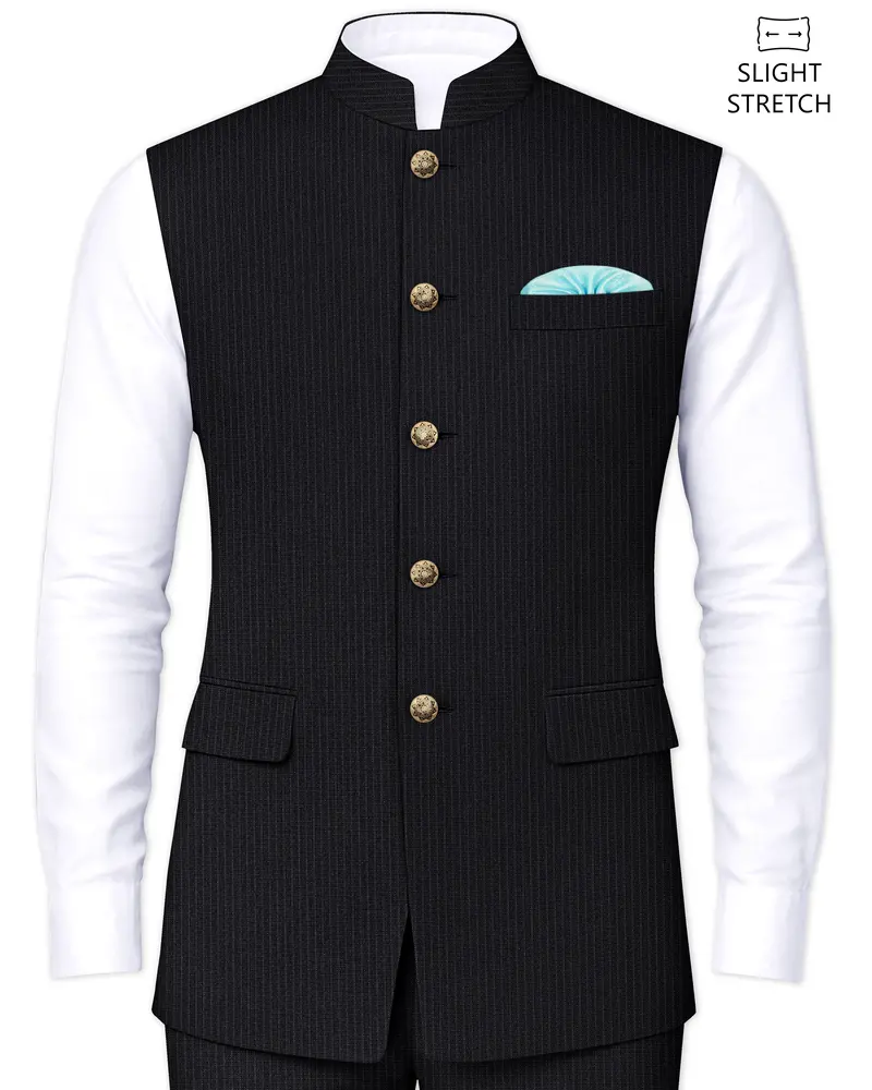 Noir-Jade Black Pencil Striped Wool Rich Slight Stretch Nehru Jacket 1