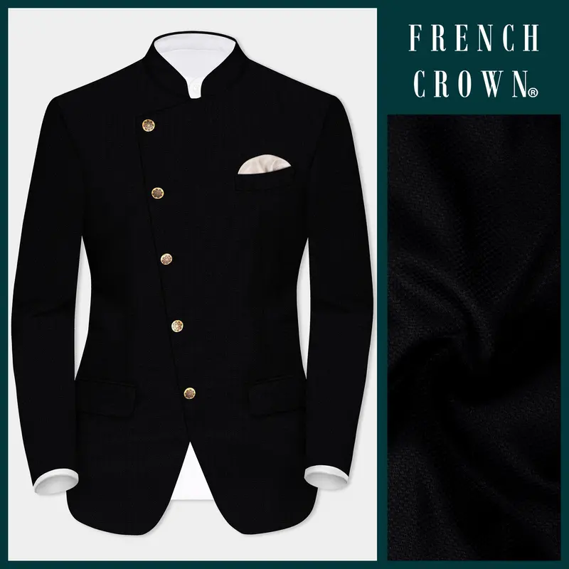 Noir-Jade Black Textured Wool Rich Cross Placket Bandhgala Blazer 1