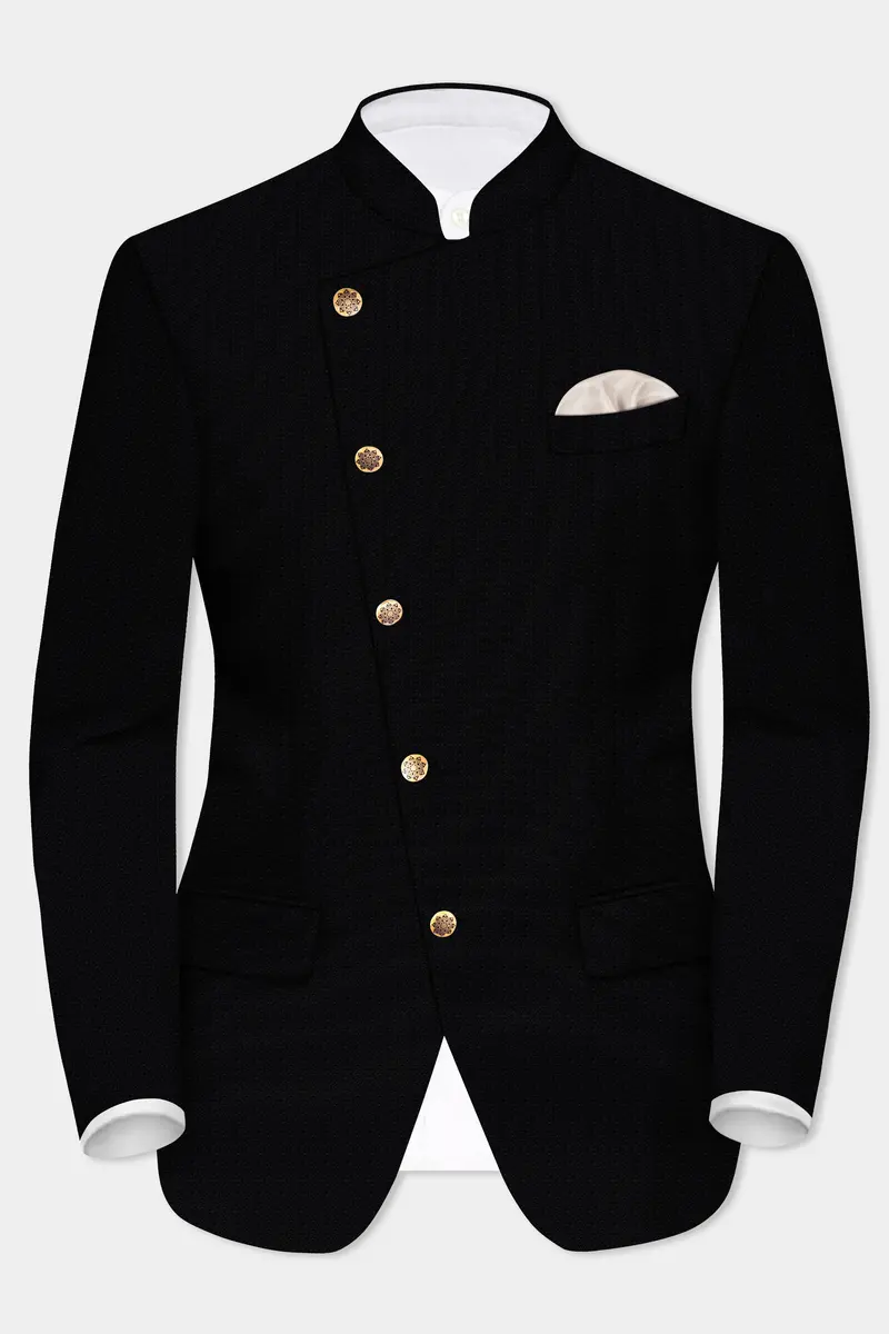 Noir-Jade Black Textured Wool Rich Cross Placket Bandhgala Blazer 2
